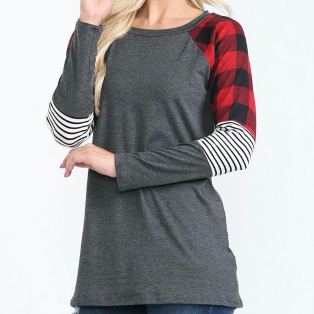 Charcoal Baseball Tunic with Buffalo Plaid Contrast Sleeves